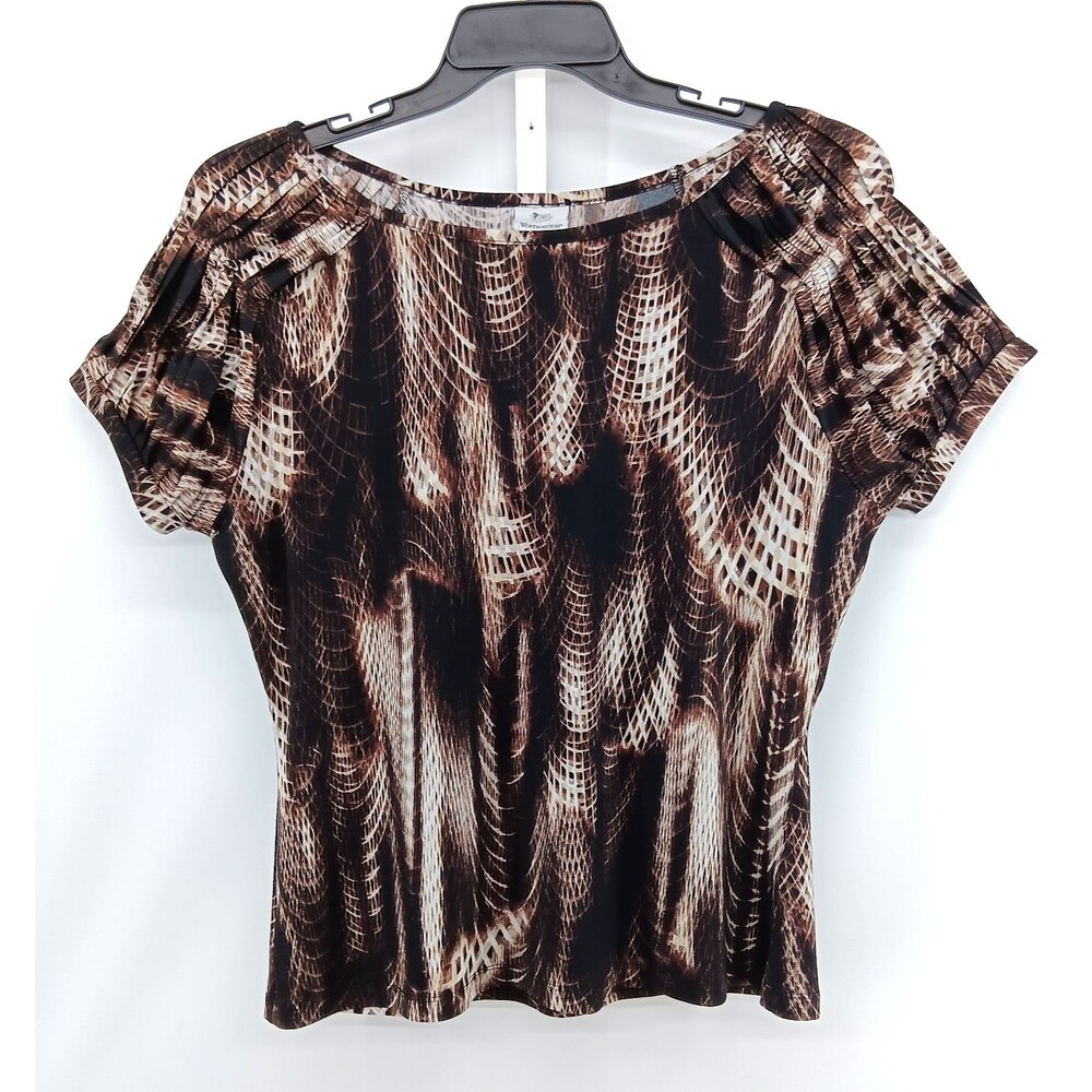 Worthington Blouse Women Large Brown Animal Print Boat Neck Short Sleeve Top - Picture 1 of 6